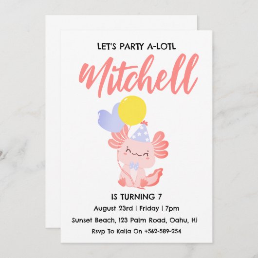 かわいいアキソロトル誕生日アキソロトル誕生日招待状 招待状 (正面/裏面)