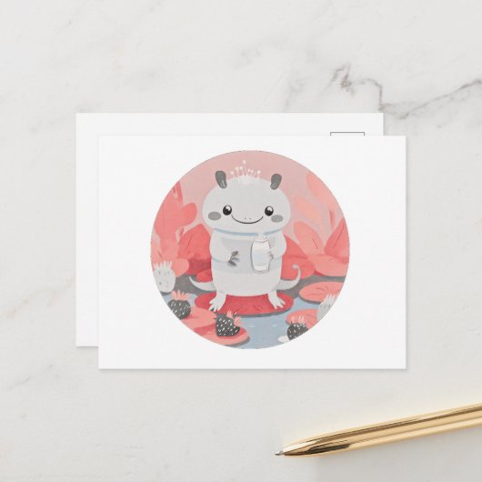 かわいいアキソロトル飲み牛乳 ポストカード (正面/裏面インサイチュ)