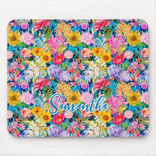 かわいいアクアイエローエレガントフローラルパターンモノグラム マウスパッド (正面)