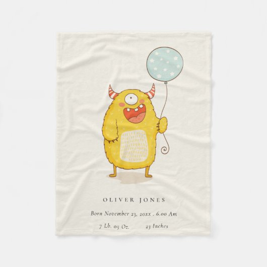 かわいいアクアイエローリトルハッピーモンスター誕生スタット フリースブランケット (正面)