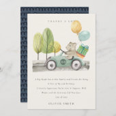 かわいいアクアグリーンのお誕生日パーティテディカー サンキューカード (正面/裏面)