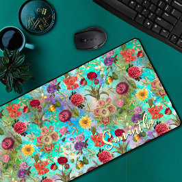 かわいいアクアグリーンエレガントフローラルパターンデスクマット デスクマット