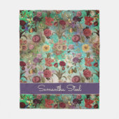 かわいいアクアグリーンエレガントフローラルパターン フリースブランケット (正面)