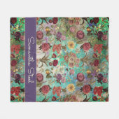 かわいいアクアグリーンエレガントフローラルパターン フリースブランケット (正面(横))