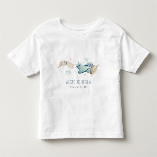 かわいいアクアグリーンブルーキッズ飛行機クラウド誕生日 トドラーTシャツ (正面)