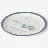 かわいいアクアグリーンブルーキッズ飛行機クラウド誕生日 ペーパープレート (アングル)