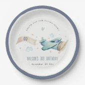 かわいいアクアグリーンブルーキッズ飛行機クラウド誕生日 ペーパープレート (正面)