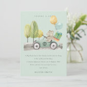 かわいいアクアグリーン 誕生日パーティー クマのぬいぐるみ 車 サンキューカード (スタンド正面)