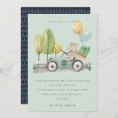 かわいいアクアグリーン 誕生日パーティー クマのぬいぐるみ 車 サンキューカード (正面/裏面)