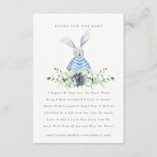 かわいいアクアブルーのバニー紅葉の本の赤ちゃんシャワー エンクロージャーカード (正面)