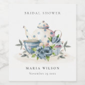 かわいいアクアブルーの花柄ティーカップ 結婚前のお茶会 ワインラベル (シングルラベル)