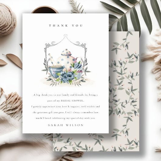 かわいいアクアブルーの花柄ティーポット紋章 ブライダルシャワー サンキューカード