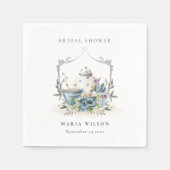 かわいいアクアブルーの花柄ティーポット紋章 ブライダルシャワー スタンダードカクテルナプキン (正面)