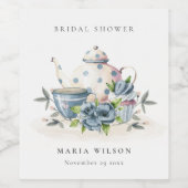 かわいいアクアブルーの花柄急須カップ ブライダルシャワー ワインラベル (シングルラベル)