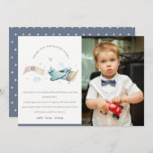 かわいいアクアブルーの飛行機と雲の子供の写真の誕生日 サンキューカード (正面/裏面)