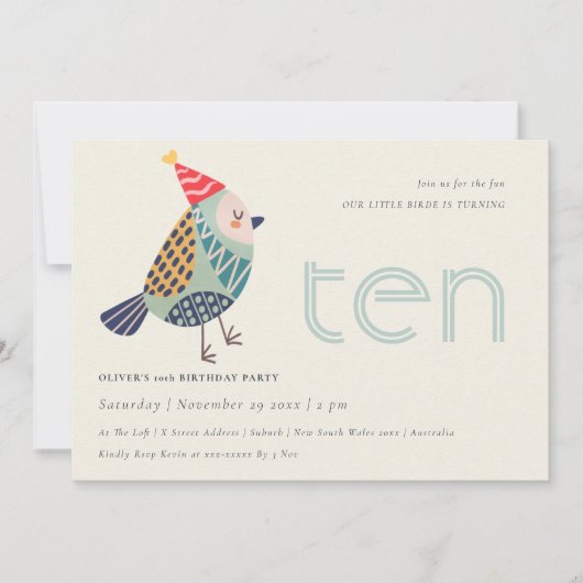 かわいいアクアブルーバーディエイジ10th誕生日招待状 サンキューカード (正面)