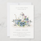 かわいいアクアブルーフローラティーポットカップウェディング招待 サンキューカード (正面)