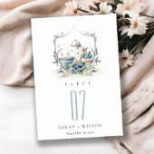 かわいいアクアブルーフローラティーポットカップクレスト結婚ーズ テーブルナンバー