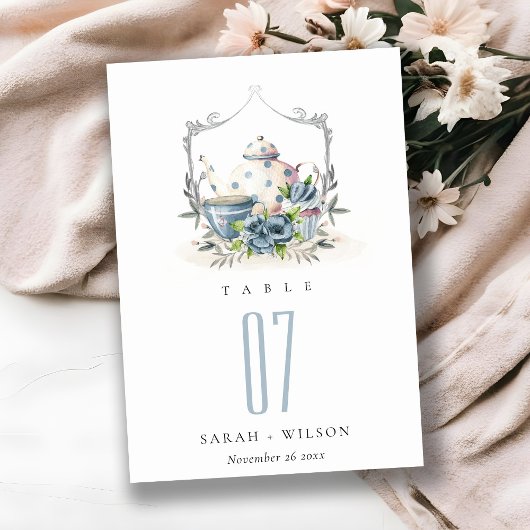 かわいいアクアブルーフローラティーポットカップクレスト結婚ーズ テーブルナンバー