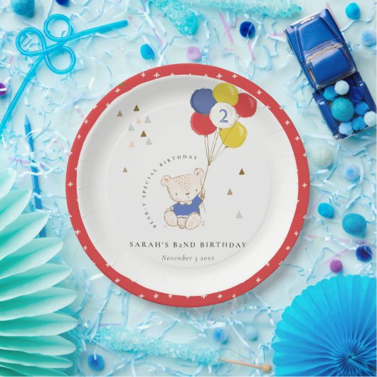 かわいいアクアブルーベアーバルーンエイジ誕生日 ペーパープレート (パーティー)