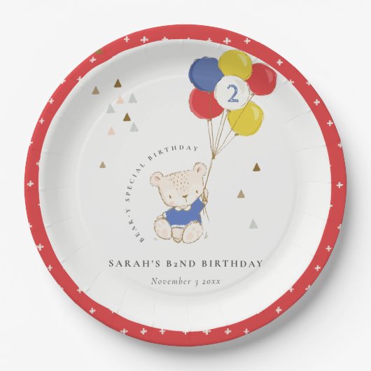 かわいいアクアブルーベアーバルーンエイジ誕生日 ペーパープレート (正面)