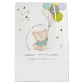 かわいいアクアブルーベアーバルーンエイジ誕生日 ミディアムペーパーバッグ (裏面)