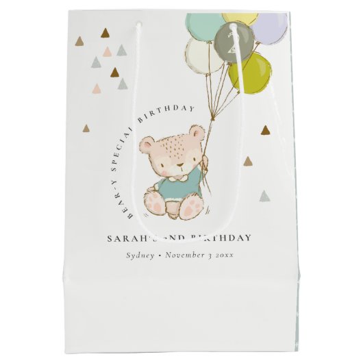 かわいいアクアブルーベアーバルーンエイジ誕生日 ミディアムペーパーバッグ (裏面)