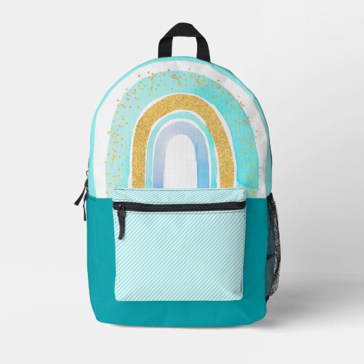 かわいいアクアブルー金ゴールドグリッターレインボーw/ネームキッズ プリントバックパック (正面)