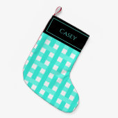 かわいいアクアホワイトブラックプレイド名 スモールクリスマスストッキング (正面 (吊り時))