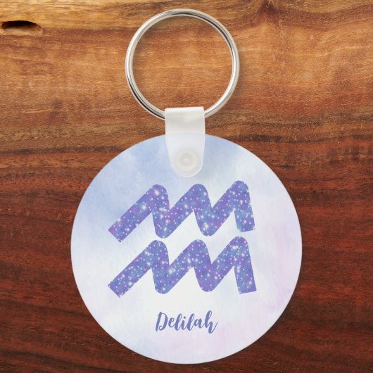 かわいいアクエリアス星占いサインパーソナライズされたパープル キーホルダー (正面)