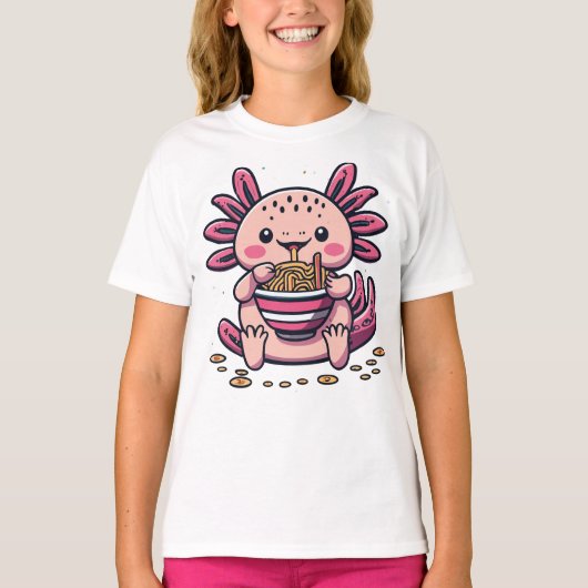 かわいいアクソロテ食べルのラーメンアニメ Tシャツ (正面)