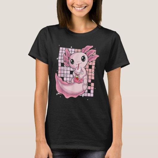かわいいアクソロトル飲みストロベリーミルクティーO Tシャツ (正面)