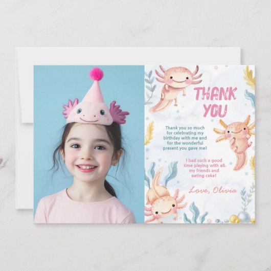 かわいいアクソロトル ピンクの女の子の誕生日写真 サンキューカード (正面)
