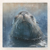 かわいいアシカの顔ウォータカラー野生動物 ガラスコースター (正面)