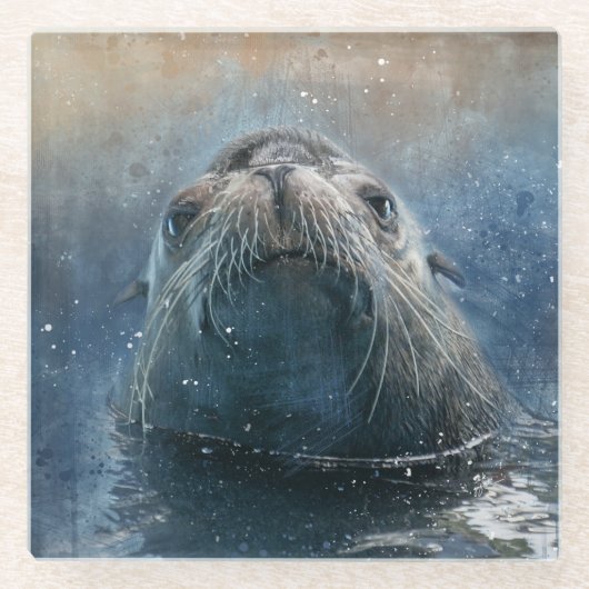 かわいいアシカの顔ウォータカラー野生動物 ガラスコースター (正面)