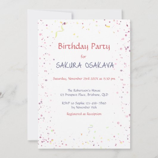 かわいいアジアの女の子5thお誕生日ケーキのキャンデルス名 招待状 (裏面)