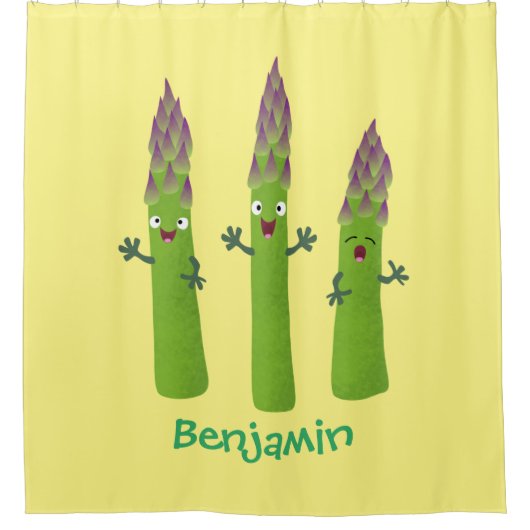 かわいいアスパラガスの野菜トリオ漫画 シャワーカーテン (正面)