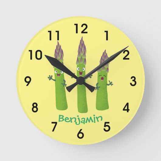 かわいいアスパラガスの野菜トリオ漫画 ラウンド壁時計 (正面)