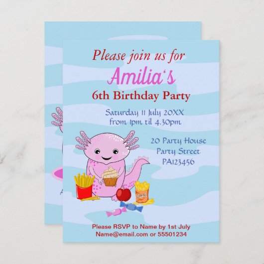 かわいいアソロトル誕生日パーティーの招待状 招待状 (正面/裏面)