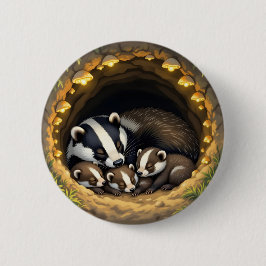 かわいいアナグマの家族のお昼寝 缶バッジ