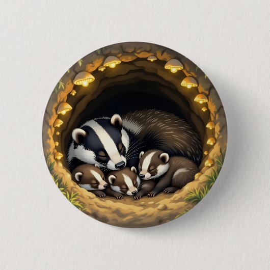 かわいいアナグマの家族のお昼寝 缶バッジ (正面)