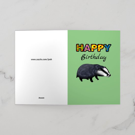 かわいいアナグマハッピーバースデー 箔グリーティングカード (外側レイダウン)