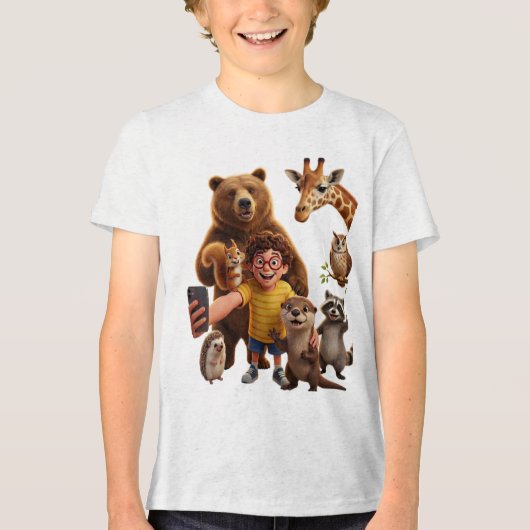かわいいアニマルセルフィースクワッドのキャラクターデザイン トライブレンドＴシャツ (正面)