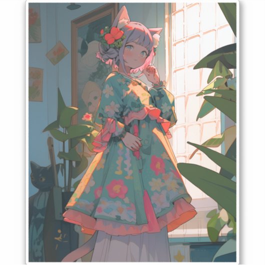 かわいいアニメのキャットガール シール (正面)