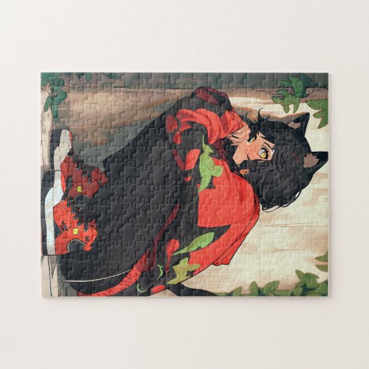 かわいいアニメのキャットガール ジグソーパズル (横)