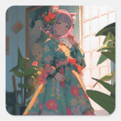 かわいいアニメのキャットガール スクエアシール (正面)