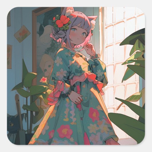 かわいいアニメのキャットガール スクエアシール (正面)