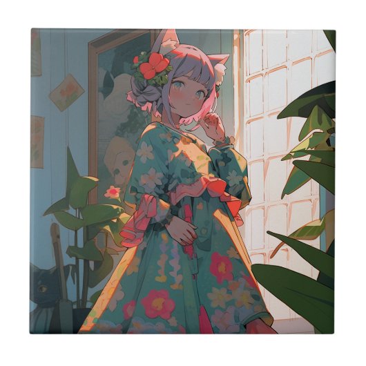 かわいいアニメのキャットガール タイル (正面)