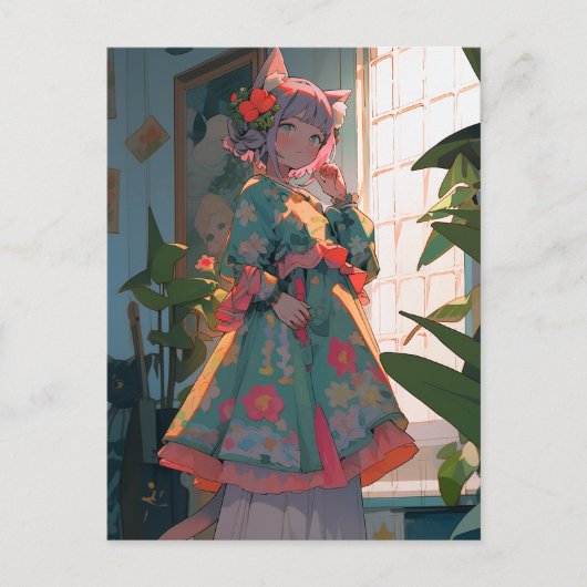 かわいいアニメのキャットガール ポストカード (正面)