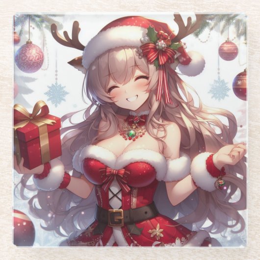 かわいいアニメのクリスマスガール ガラスコースター (正面)